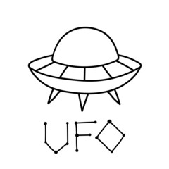 Flying saucer in doodle style. UFO Contour vector drawing. Unidentified spacecraft