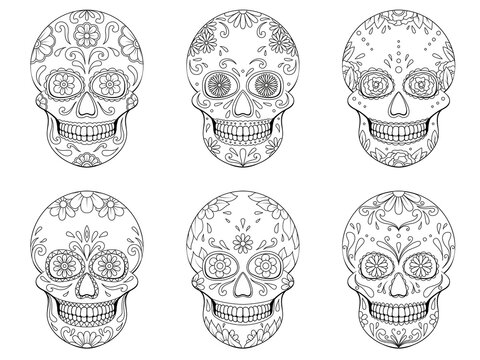 Collection of Day of The Dead sugar Skulls with floral ornament. Mexican skull. Vector illustration isolated on white background