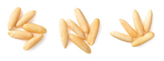 Shelled European pine nuts isolated on white background, top view.