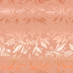 Floral seamless pattern with leaves and berries in coral colors with metallic tint. Design for wallpapers, wrappings, textiles, fabrics.