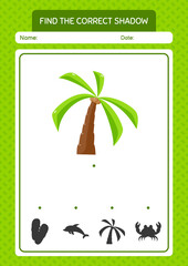 Find the correct shadows game with coconut tree. worksheet for preschool kids, kids activity sheet