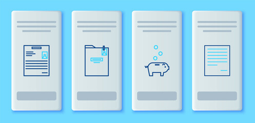 Set line Personal folder, Piggy bank with coin, document and Document icon. Vector