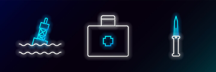 Obraz premium Set line Army knife, Floating buoy on the sea and First aid kit icon. Glowing neon. Vector