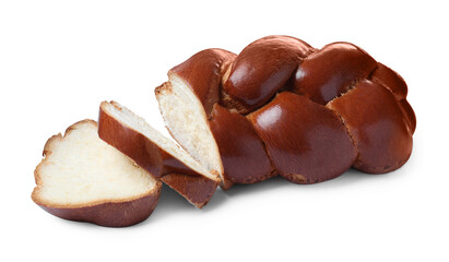 Cut homemade braided bread isolated on white. Traditional Shabbat challah