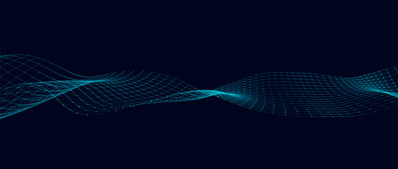 Abstract technology wave of particles. Big data visualization. Vector background with motion dots and lines. Artificial intelligence.