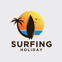 Vector illustration of summer vacation on the beach logo family vacation on the beach logo surfing