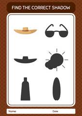 Find the correct shadows game with straw hat. worksheet for preschool kids, kids activity sheet