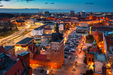 Aerial view of the beautiful main city in Gdansk at dusk, Poland