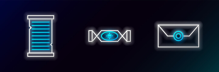 Set line Envelope with christmas party invitation card, Christmas wish list template and Candy icon. Glowing neon. Vector