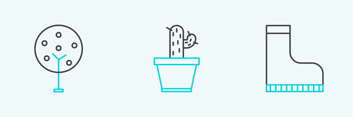 Set line Waterproof rubber boot, Tree and Cactus and succulent in pot icon. Vector