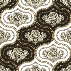 Seamless vintage damask pattern with gold chains, beads, bouquet of contour roses. Diagonal composition. Classic geometric background. Vector