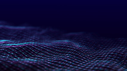 Futuristic digital wave. Dark cyberspace. Abstract wave with dots and line. White moving particles on background. 3d rendering.