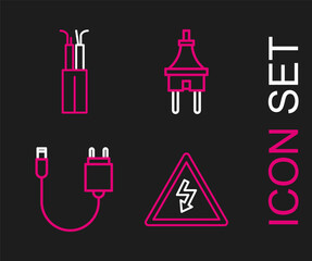 Set line High voltage sign, Charger, Electric plug and cable icon. Vector