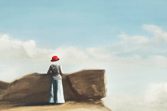 surreal headless woman with red hat looking at infinity, concept of identity and freedom