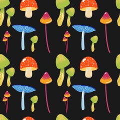 Cute vector pattern with various poisonous mushrooms on black, seamless pattern. Flat design, hand drawn cartoon, vector.