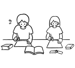 夏休みの宿題をする中学生の線画イラスト