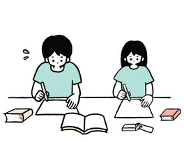  夏休みの宿題をする中学生のイラスト