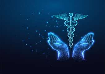 Futuristic health care concept with glow low polygonal hands holding caduceus symbol on dark blue 