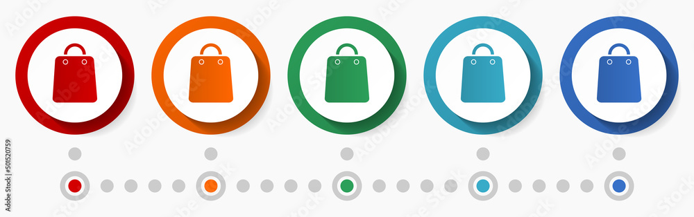 Aufkleber shop, bag concept vector icon set, infographic template, flat design circle colorful web buttons in 