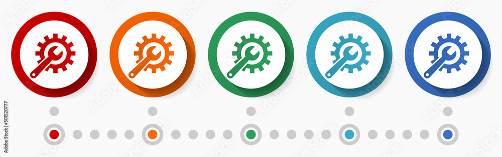 Poster Service, tools concept vector icon set, infographic template, flat design colorful web buttons in 5 color options