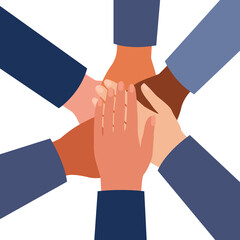 International hands of people folded in center together, unity group symbol, teamwork, work partnership. Top view of business people putting their hands together. Stack of hands. Vector illustration