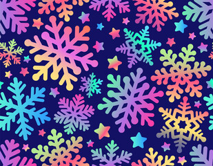 Christmas seamless pattern with snowflakes. Rainbow snowflakes on a blue background. Winter background.