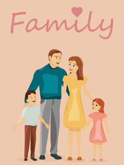 Vector Family: mom, Dad, daughter and son.  International holiday Family Day, Children's Day, Parents' Day. Text Family.  Banner for the post, stories.