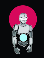 Half body humanoid like robot with red dot behind in vintage cartoon style vector illustration isolated on black