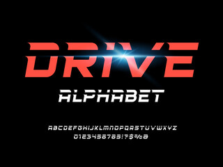 Fototapeta na wymiar Speed racing style alphabet design with uppercase, numbers and symbol