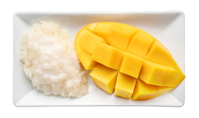 Sticky rice with mango and coconut milk on white plate isolated on white background, Sticky rice with mango on White Background With clipping path.