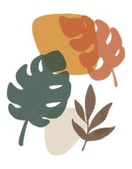 Hand Drawing Abstract Composition with Leaves and Shape. Earthy pastel shades with Transparent effect and Textures. Use for poster, card, home decor, design, print, textile, fabric, shop, backdrop