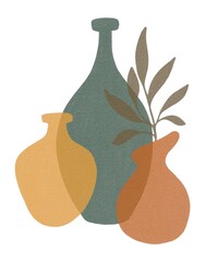 Hand Drawing Abstract Composition with Vases and Plant. Earthy pastel shades with Transparent effect and Textures. Use for poster, card, home decor, design, print, textile, fabric, shop, backdrop