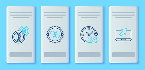 Set line Discount percent tag, Clock 24 hours, Cryptocurrency coin Bitcoin and Laptop and cursor icon. Vector