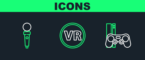 Set line Game console with joystick, Joystick for arcade machine and Virtual reality glasses icon. Vector © Oksana