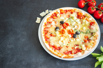 vegetable pizza cheese, tomato sauce, olive fresh meal food snack on the table copy space food background rustic