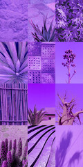 Set of trendy aesthetic photo collages. Minimalistic images of one top color. Very Peri moodboard