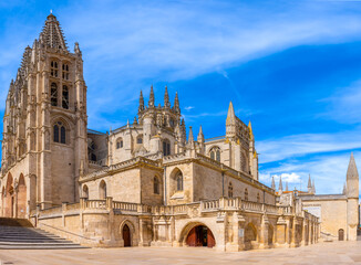 Burgos,Spain - April 26 2022 - Place of Rey San Fernando with Cathedral of Saint Mary in Burgos. Burgos is a city in northern Spain and the historic capital of Castile.