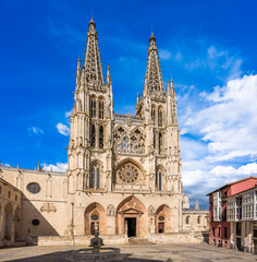 Fototapeta na wymiar Burgos,Spain - April 26 2022 - Place of Rey San Fernando with Cathedral of Saint Mary in Burgos. Burgos is a city in northern Spain and the historic capital of Castile.