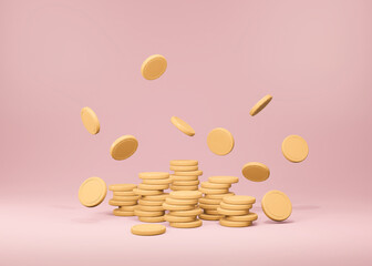 Coin stacks with falling coin on pink background, business investment profit, money saving concept. 3d render.