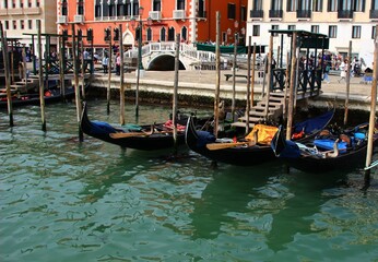 Fototapeta na wymiar Italy, Veneto, Venice: Gondolas at rest.