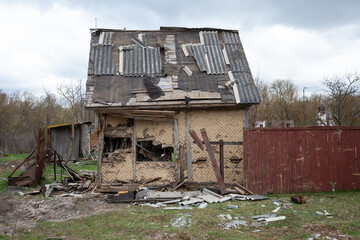 Rural house destroyed as a result of the Russian invasion of Ukraine in Kyiv region, Ukraine