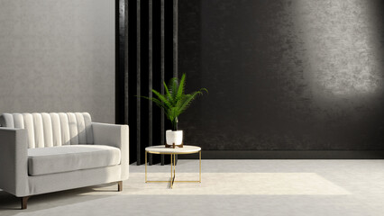 Living room with a dark gray wall minimalist 3D Render