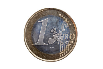 One Euro coin of Ireland (Eire) dated 2005 showing the front obverse and a map of Europe cut out and isolated on a white background, stock photo image