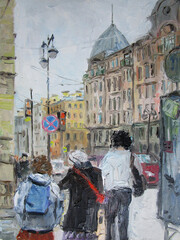 Grey day in Saint Petersburg, central street, oil painting