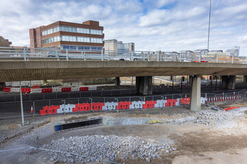 Gateshead UK: 21st March 2021: Gateshead Highway construction works, an old under pass is closed and filled in