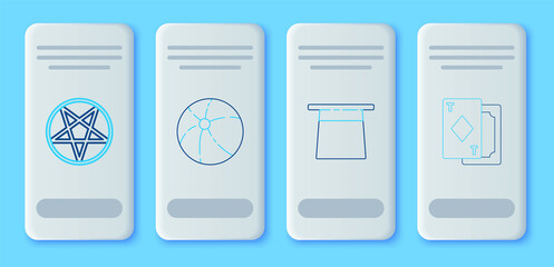 Set line Beach ball, Magician hat, Pentagram in circle and Playing cards icon. Vector