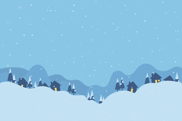 Christmas winter village background, holidays in mountains vector design. Cartoon hand drawn graphics with space for logo branding or text. 