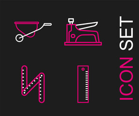 Set line Ruler, Folding ruler, Construction stapler and Wheelbarrow icon. Vector