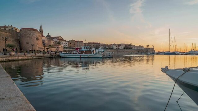 Timelapse, view on Magellano bastion at sunset in Alghero, Sassari, Sardinia