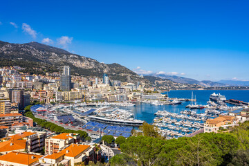 Monaco, Monaco - April 5 2022 - Overview of the port Hercule harbour with the Grand Prix circuit being build